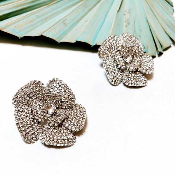 Diamond decor flower statement earrings in silver #994 - Picture 3 of 7